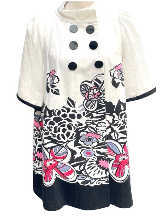 Anna Sui Jackets & Blazers - Anna Sui White/Black/Pink Embroidered Floral Short Sleeve Swing Coat (6)